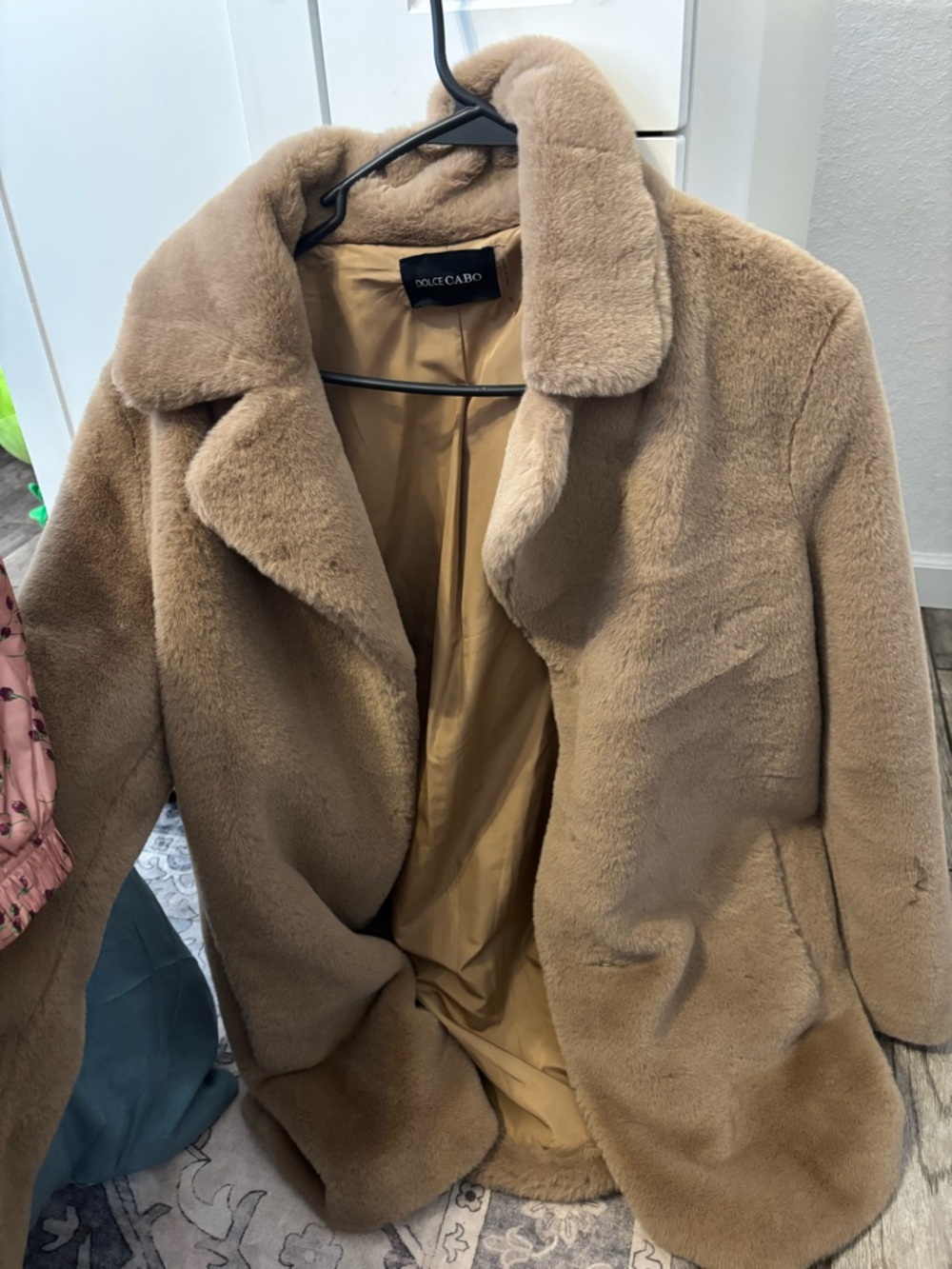 Dolce Cabo Plush Faux Fur Coat in Tan